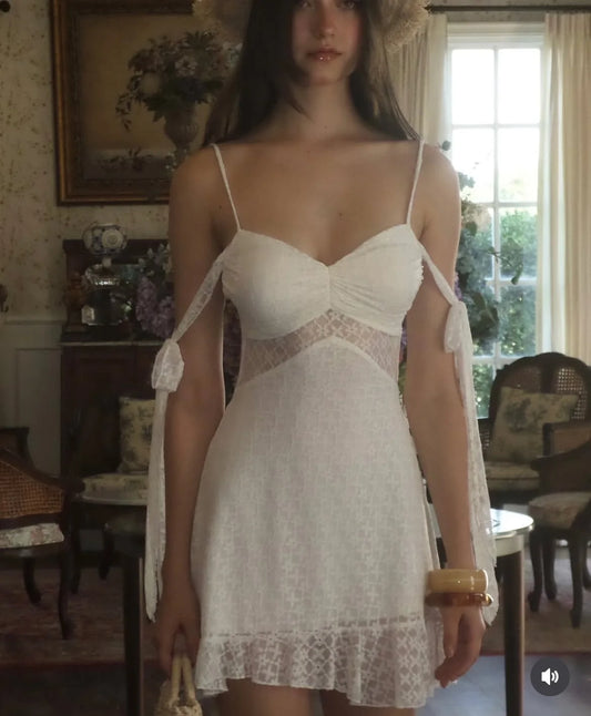 White Lace Off-Shoulder Tie Mini Dress