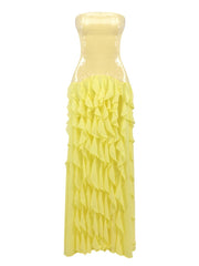 Yellow Strapless Sequin Ruffle Fringe Mesh Maxi Dress