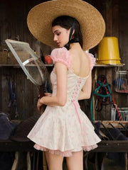 Square Collar Mesh Puff Short Sleeve Bow A-line Mini Dress