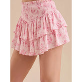 Pink Floral Print Smocked Tiered Mini Skirt