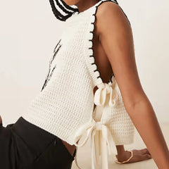 White Knit Square Tie Up Flower Tank Top