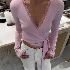 Lace Trim Long Sleeve Wrap Around Top