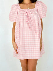 Plaid Bodydoll Puff Sleeve Mini Dress