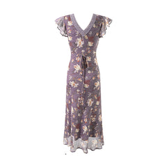 Purple Floral Print V-Neck Chiffon Mini Dress