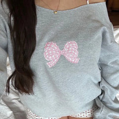 Embroidery Off Shoulder Long Sleeve Pullover