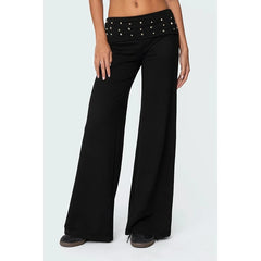 Studded Folded Low-Waist Boot Cut Pants