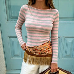 Striped Ribbed Boat Neck Long Sleeve Top