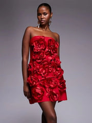 Red Strapless 3D Flower Mini Dress
