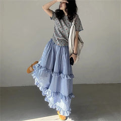 Blue Ruffles Plaid Long Skirt - Preppy A-Line