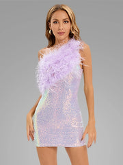 Purple One Shoulder Sequin Feather Mini Dress