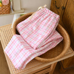 Cotton Checkered Plaid Drawstring Pants