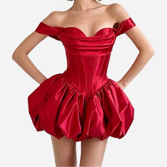 Satin Off-Shoulder Corset Bubble Hem Mini Dress