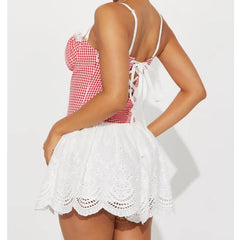 Plaid White Patchwork Eyelet Flare Sling Mini Dress