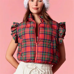 Red Plaid Ruffle Cap Sleeve Zip Cropped Puffer Vest