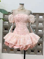 Off Shoulder Puff Sleeves Floral Bubble Mini Dress