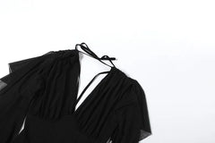 Black V-Neck Frill Slit Sleeve Top And Midi Irregular Skirt Set