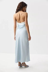 Satin Halter Lace Trim Maxi Dress