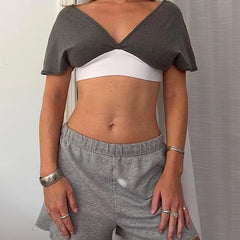 Grey Colour Block Deep V-Neck Short Sleeve Crop Top