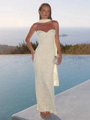 White Lace Strapless Maxi Dress