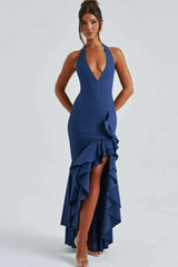 Deep V-neck Ruffles High Split Maxi Dress
