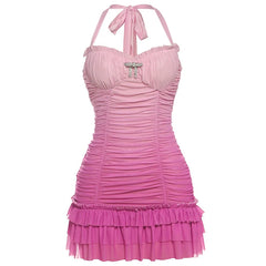 Pink Gradient Bandage Ruffles Mini Dress