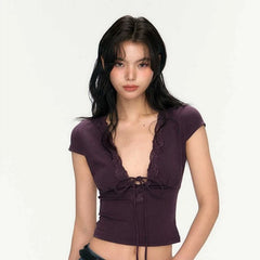 Deep V-Neck Lace Patchwork Top