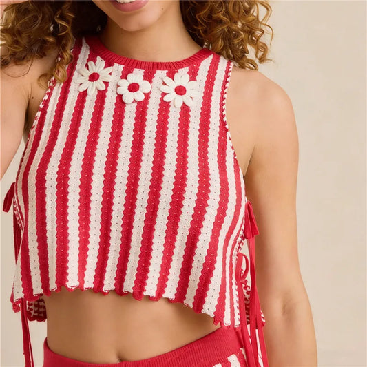 Red Striped Knit Crop 3D Daisy Floral Sleeveless Top