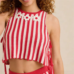 Red Striped Knit Crop 3D Daisy Floral Sleeveless Top