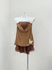 Brown Butterfly Cowl Mesh Ruffle Mini Dress