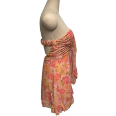 Ruched Chest Floral Print Strapless Mini Chiffon Dress