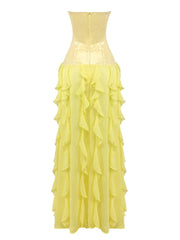 Yellow Strapless Sequin Ruffle Fringe Mesh Maxi Dress
