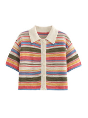 Stripe Colourful Collar Buttoned Shirt And Shorts Set