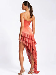 Corset Irregular Ruffle Hem Spaghetti Straps Satin Midi Dress