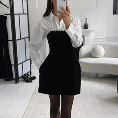 Pearl Strap Velvet Black Mini Dress