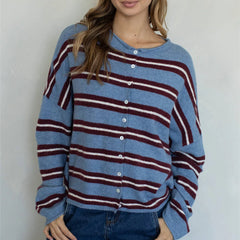 Striped Button Up Long Sleeve Crew Neck Sweater