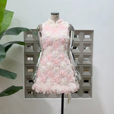 Stand Collar Embroidery 3D Floral Mini Dress