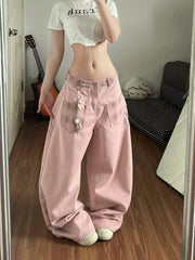 Pink Plaid Patchwork Wide Leg Denim Jeans