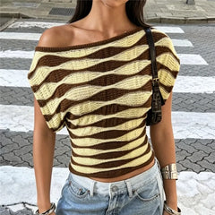 Off Shoulder Wavy Stripe Knit Crop Top
