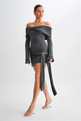 Off-shoulder Knit Mini  Long Sleeve Draped Dress