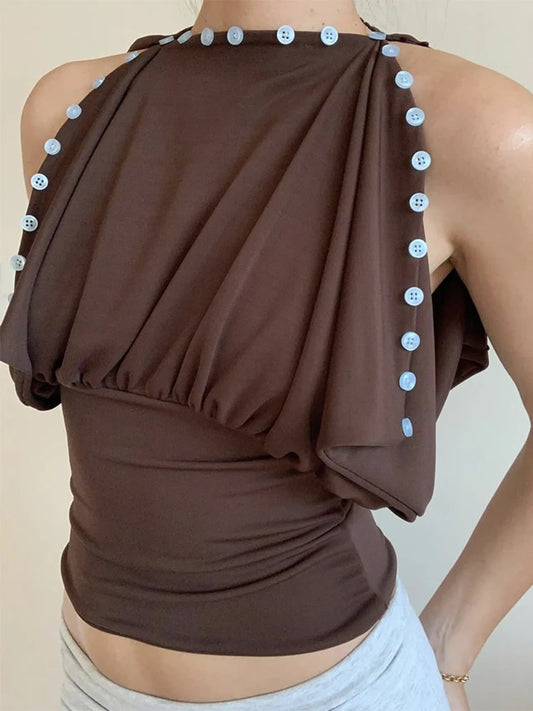 Brown Button Up Off-Shoulder Top