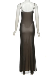 Black Pu Leather Patchwork Layered Mesh Maxi Dress