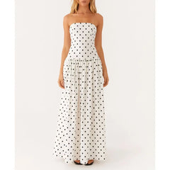 Women's strapless dot/floral print pleated tube long dress with A-line silhouette.