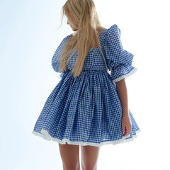 Blue Plaid Square Collar Puff Sleeve Mini Dress
