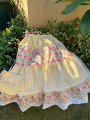Yellow Floral Print Patchwork Lace Maxi Skirt - Sweet A-Line