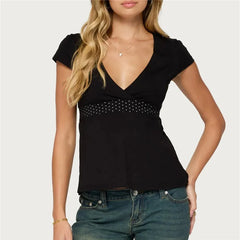 Polka Dot Waist Band V-Neck Cap Sleeve T-Shirt