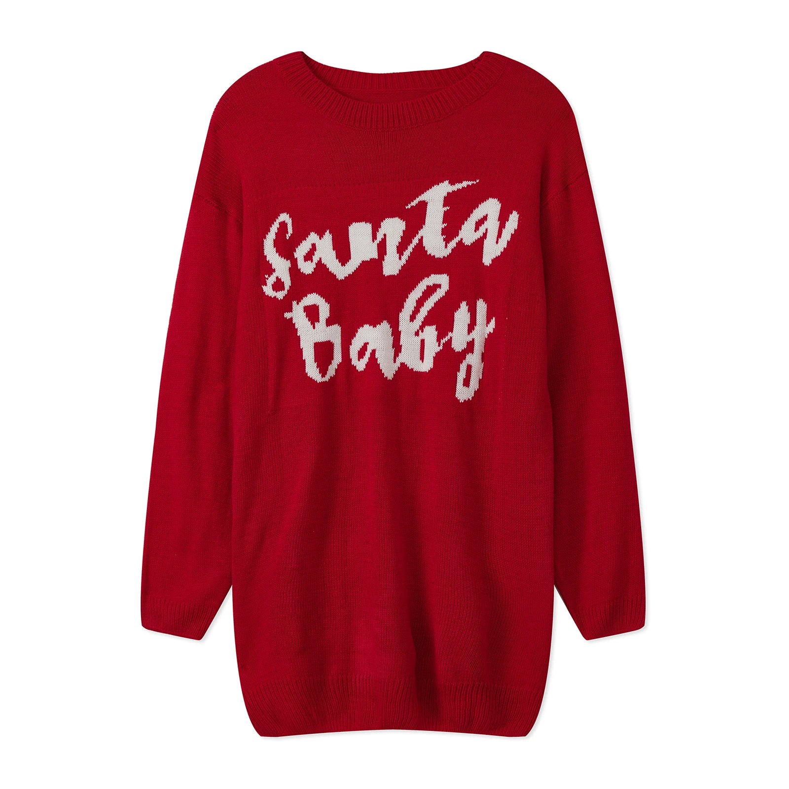 Red sweater with 'Santa Baby' text