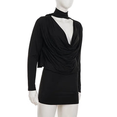 Black Deep Cowl Neck Long Sleeve Mini Dress