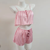 Pink Striped Satin Crop Top And Shorts Loungewear Set