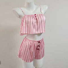 Pink Striped Satin Crop Top And Shorts Loungewear Set
