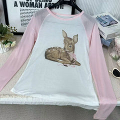Pink Baby Deer Round Neck Long Sleeve Top